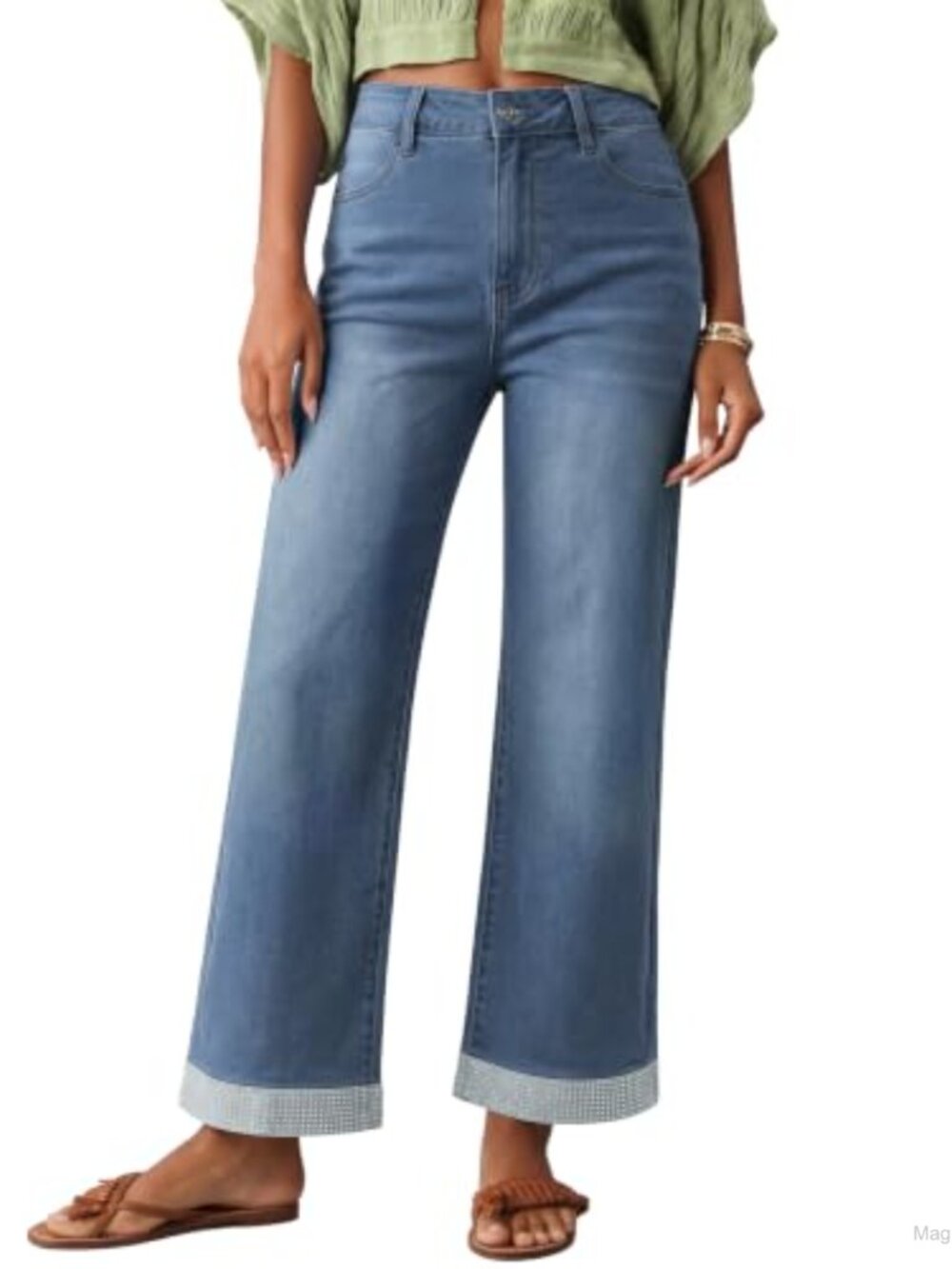 Women's Rhinestone High Waisted Wide Leg Cropped Stretch Jeans with Pockets
